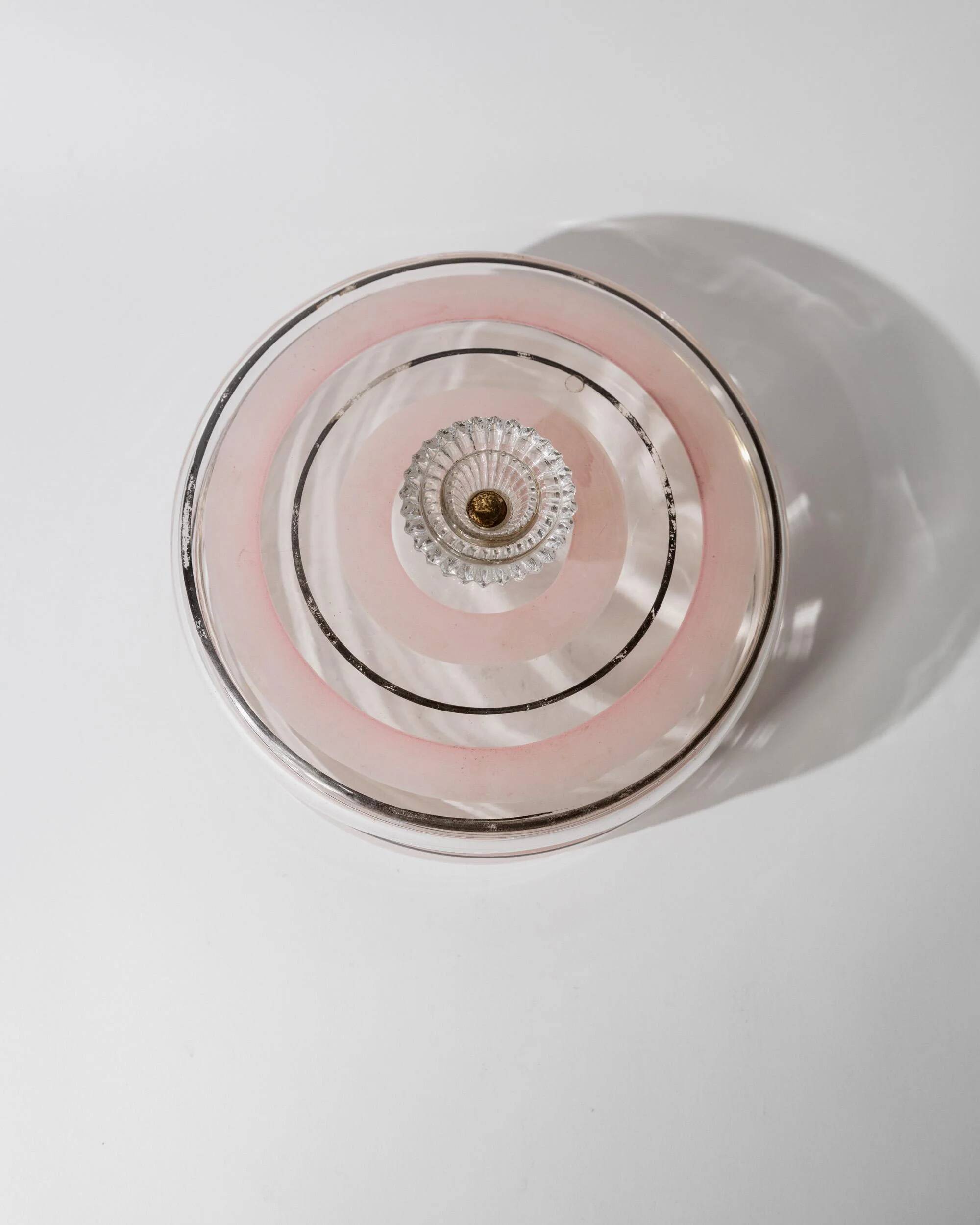 Vintage glass sweet jar from the 1960s, candy jar with a pink and black striped lid, Italian glass art.