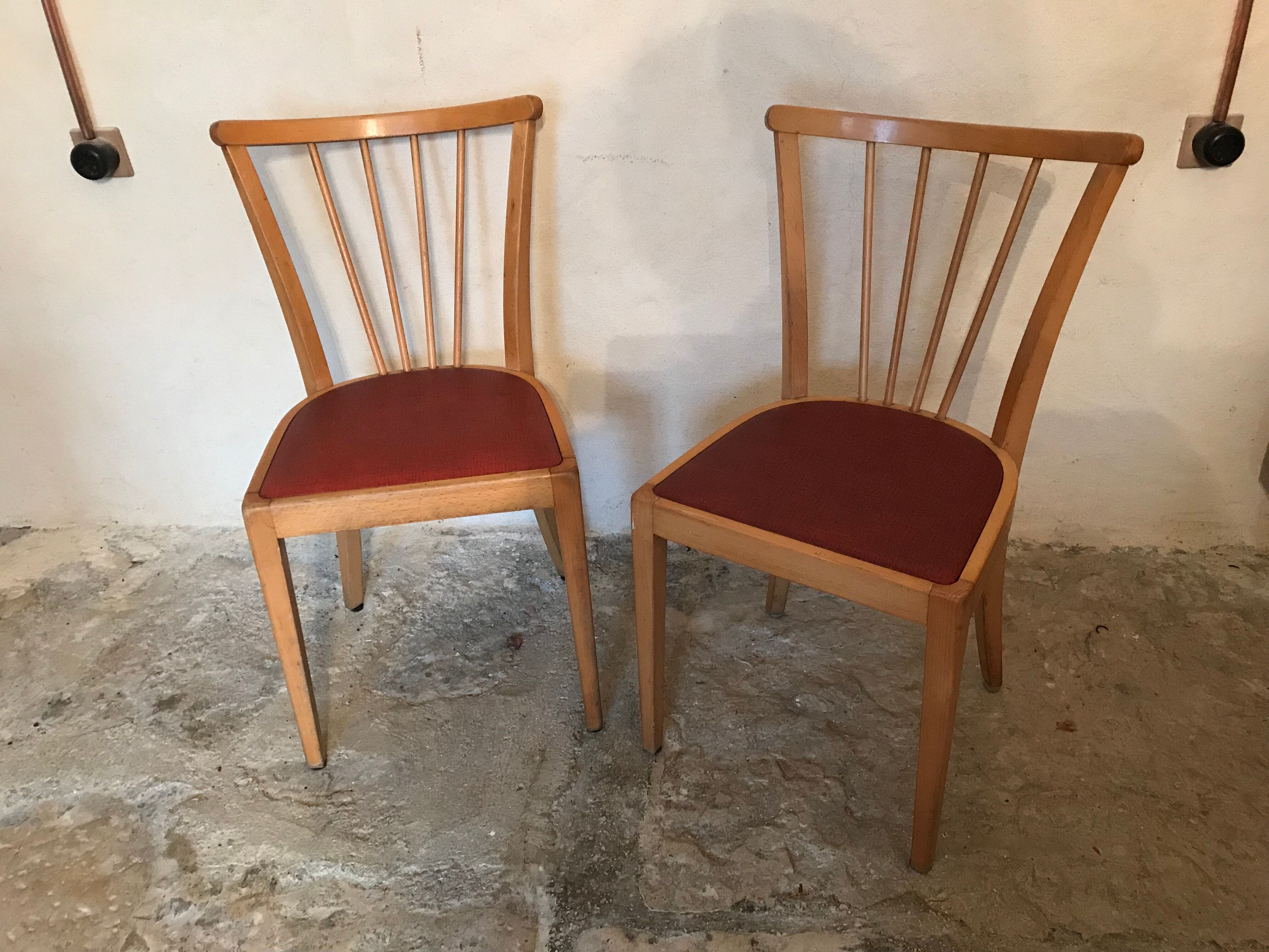 Pair of vintage bistro chairs 1960's blond wood and skaï