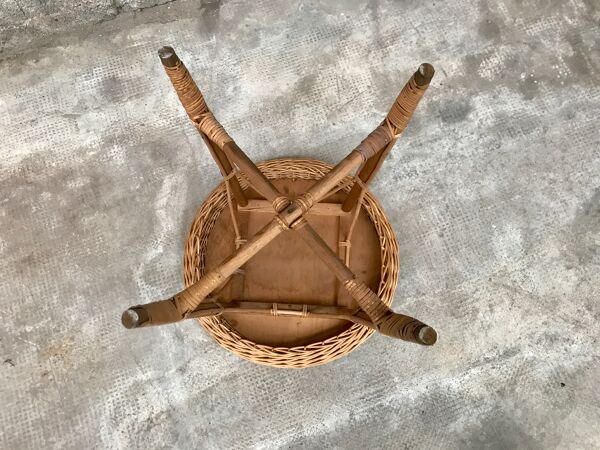 Guéridon vintage en osier rotin ancien bohème 1950