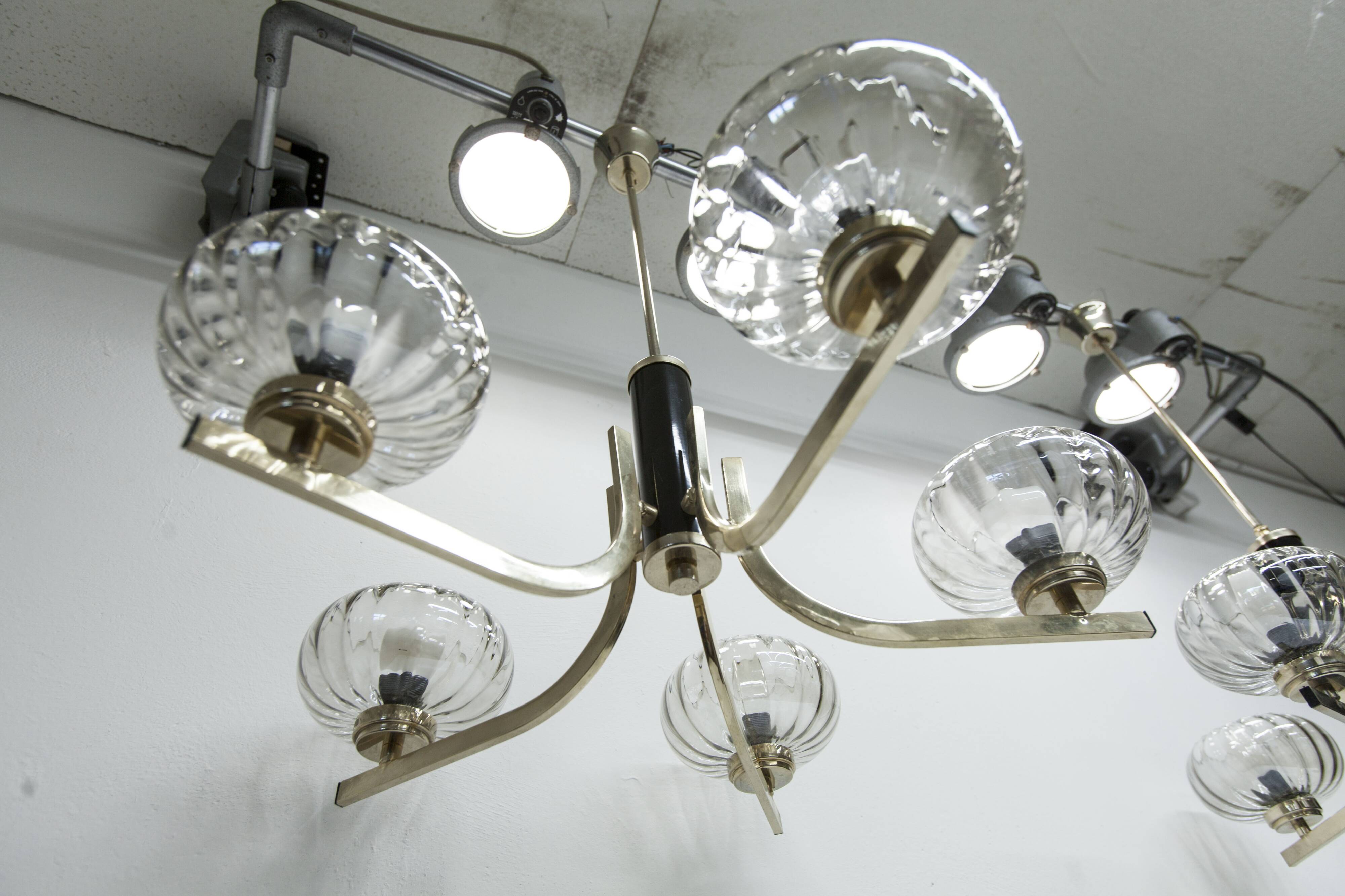 See Delmas chandelier, 5 branches, black and gold, transparent glass, 1960