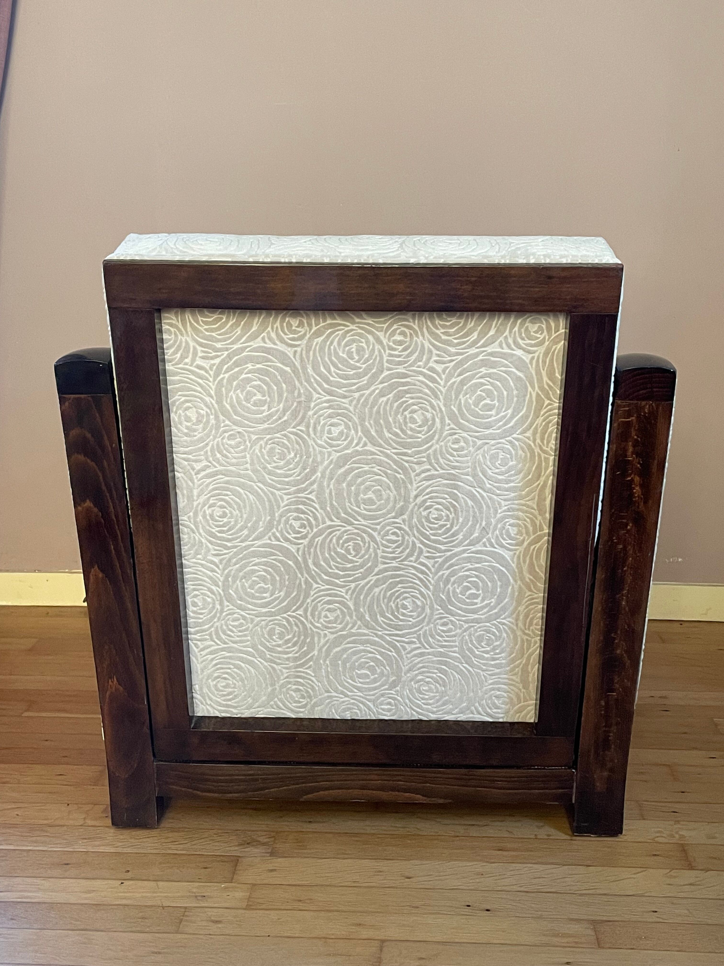 Art-deco convertible armchair in tinted beech and ivory-colored cotton velvet fabric