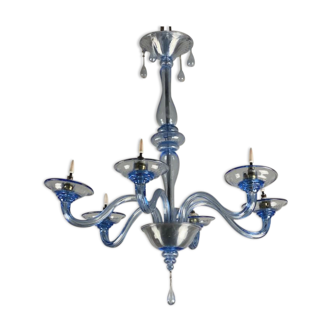 Lustre vénitien en verre de Murano bleu, 6 bras de lumière