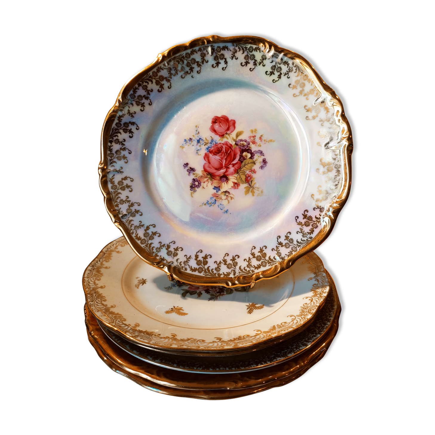 6 mismatched dessert plates decorated with roses