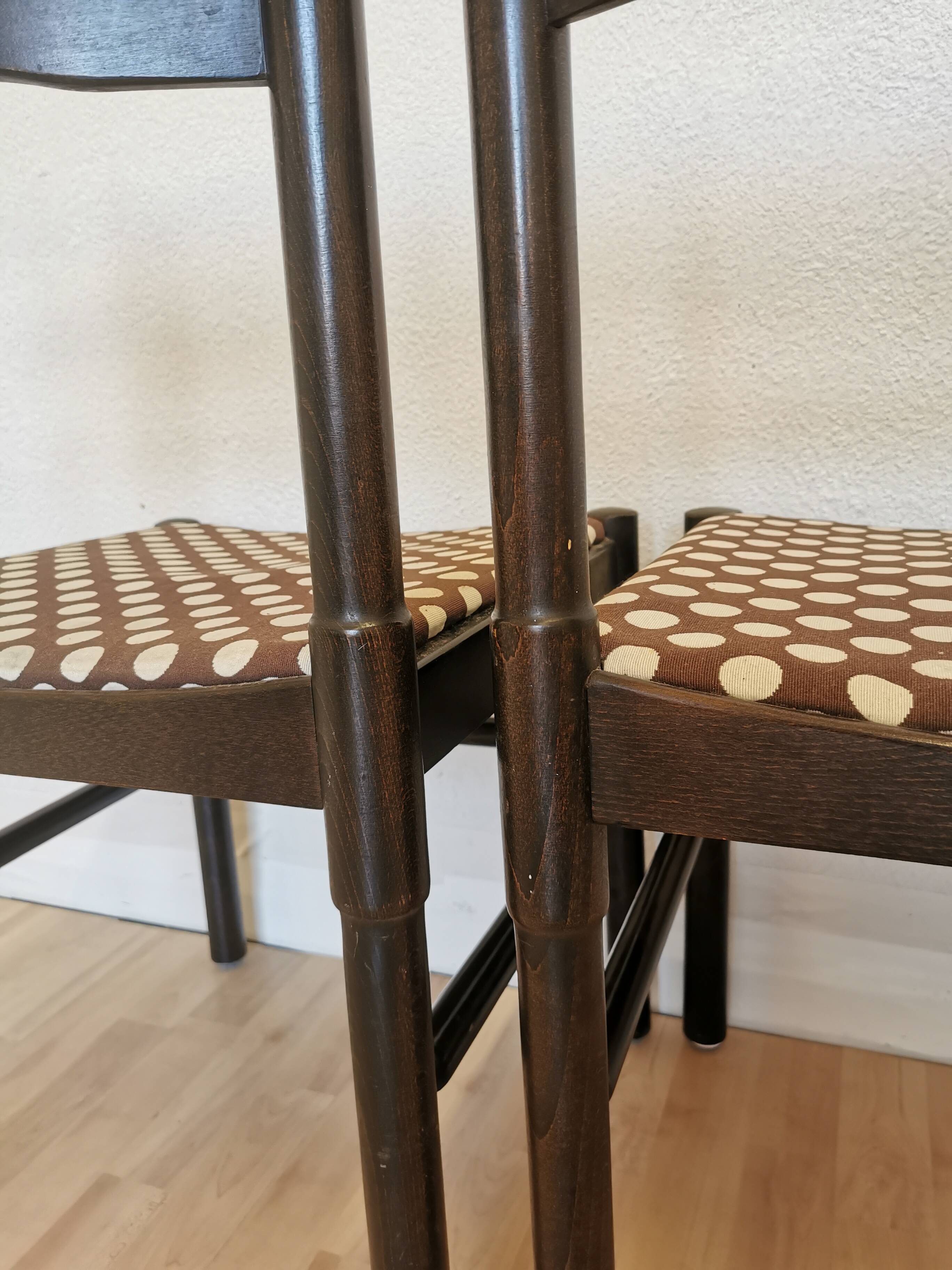 Set of 2 Vintage Wooden Dining Chairs: Brown & White Polka Dot Fabric 80s
