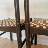 Set of 2 Vintage Wooden Dining Chairs: Brown & White Polka Dot Fabric 80s