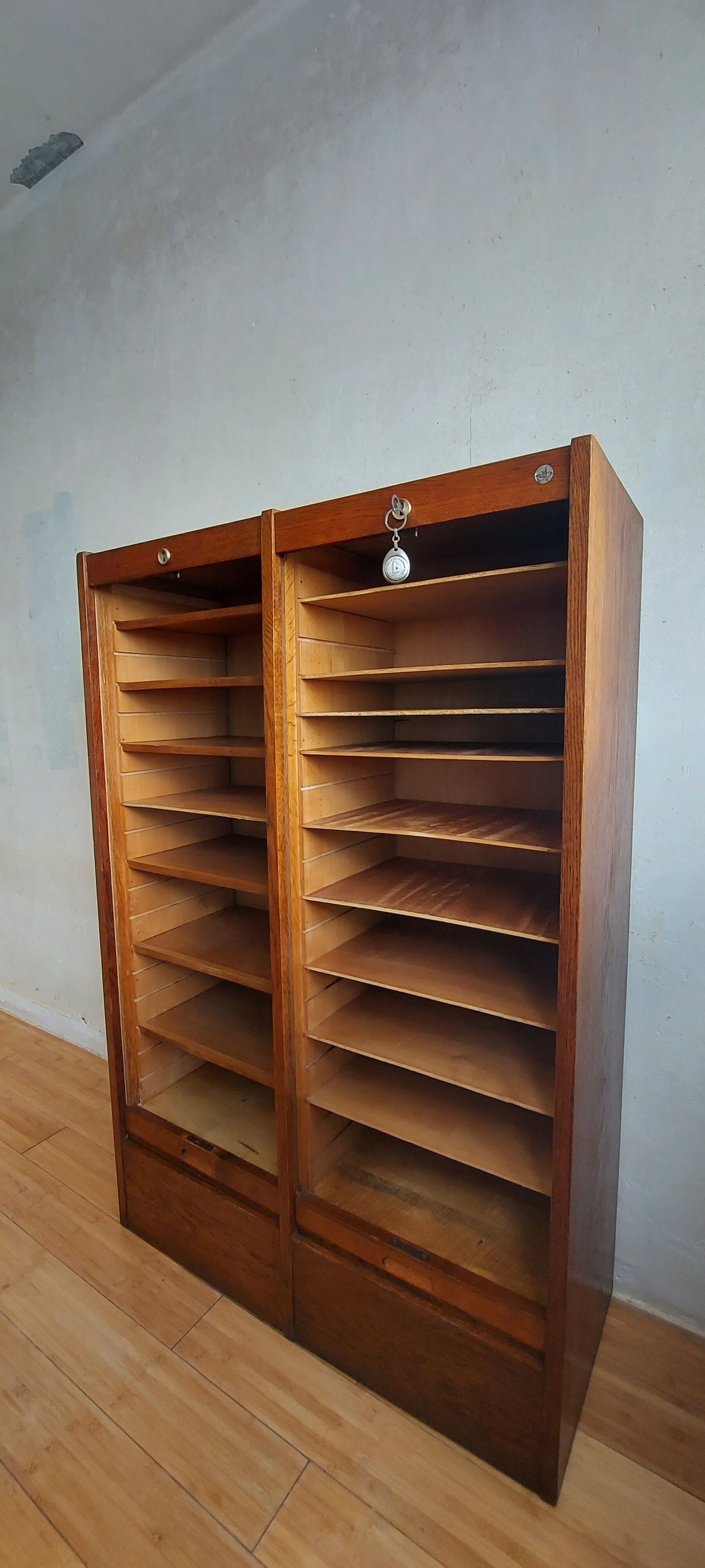 Double frame cabinet with solid oak curtains 50s