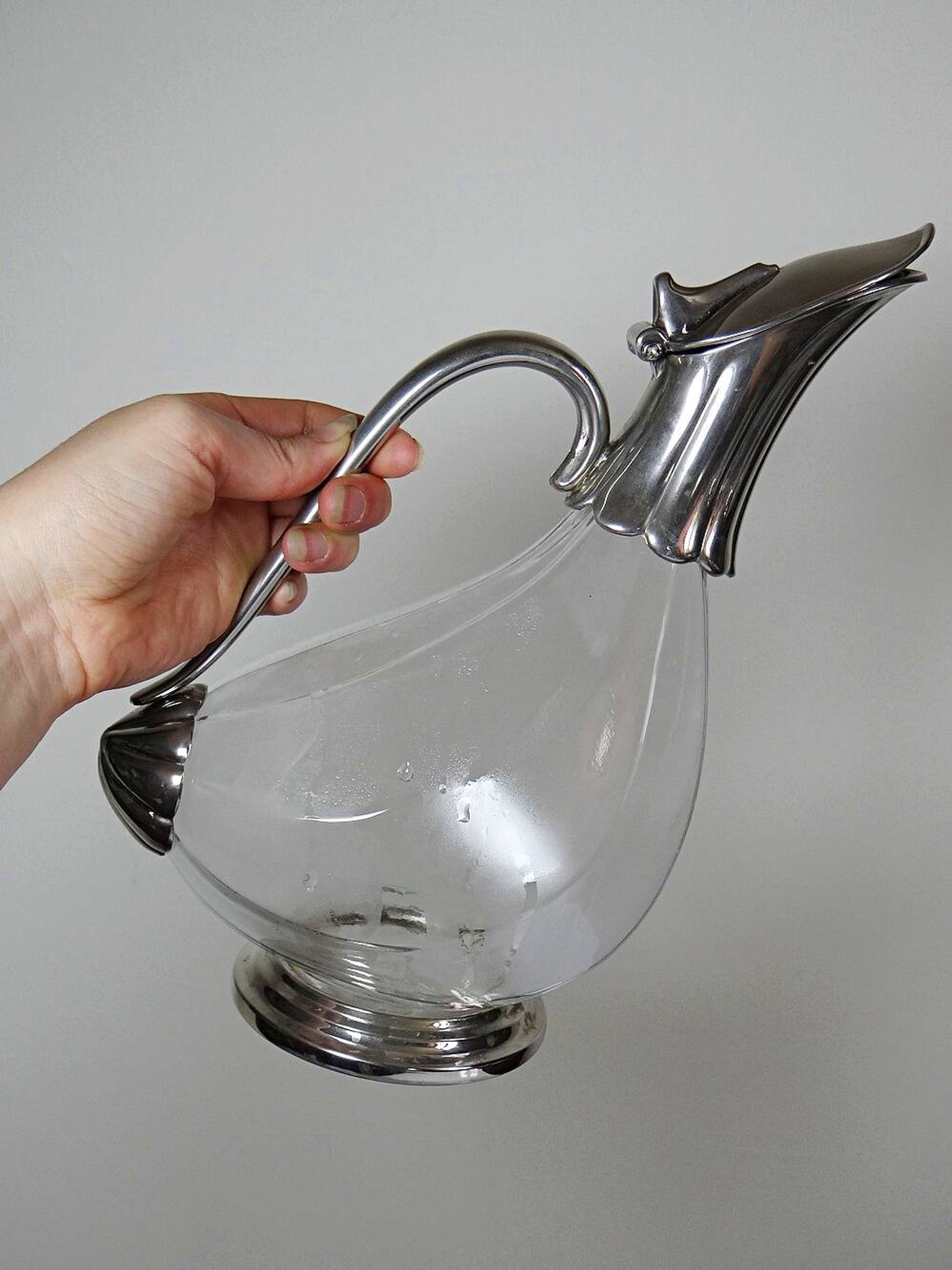 Vintage glass and silver-plated metal jug, modernist pitcher/carafe from 1950-1970.