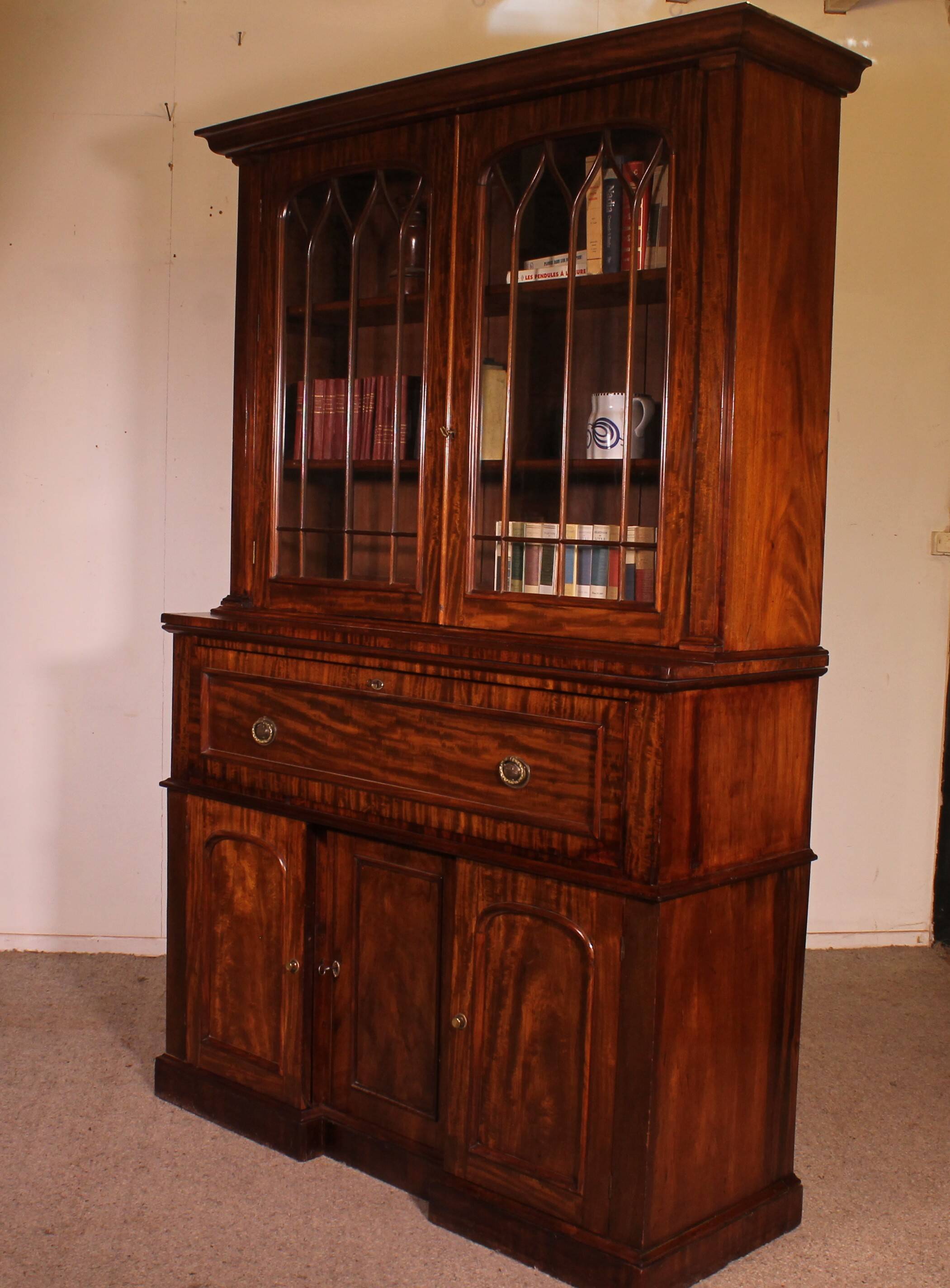 Display Cabinet or Mahogany Bookcase with Secretary - 19th Century