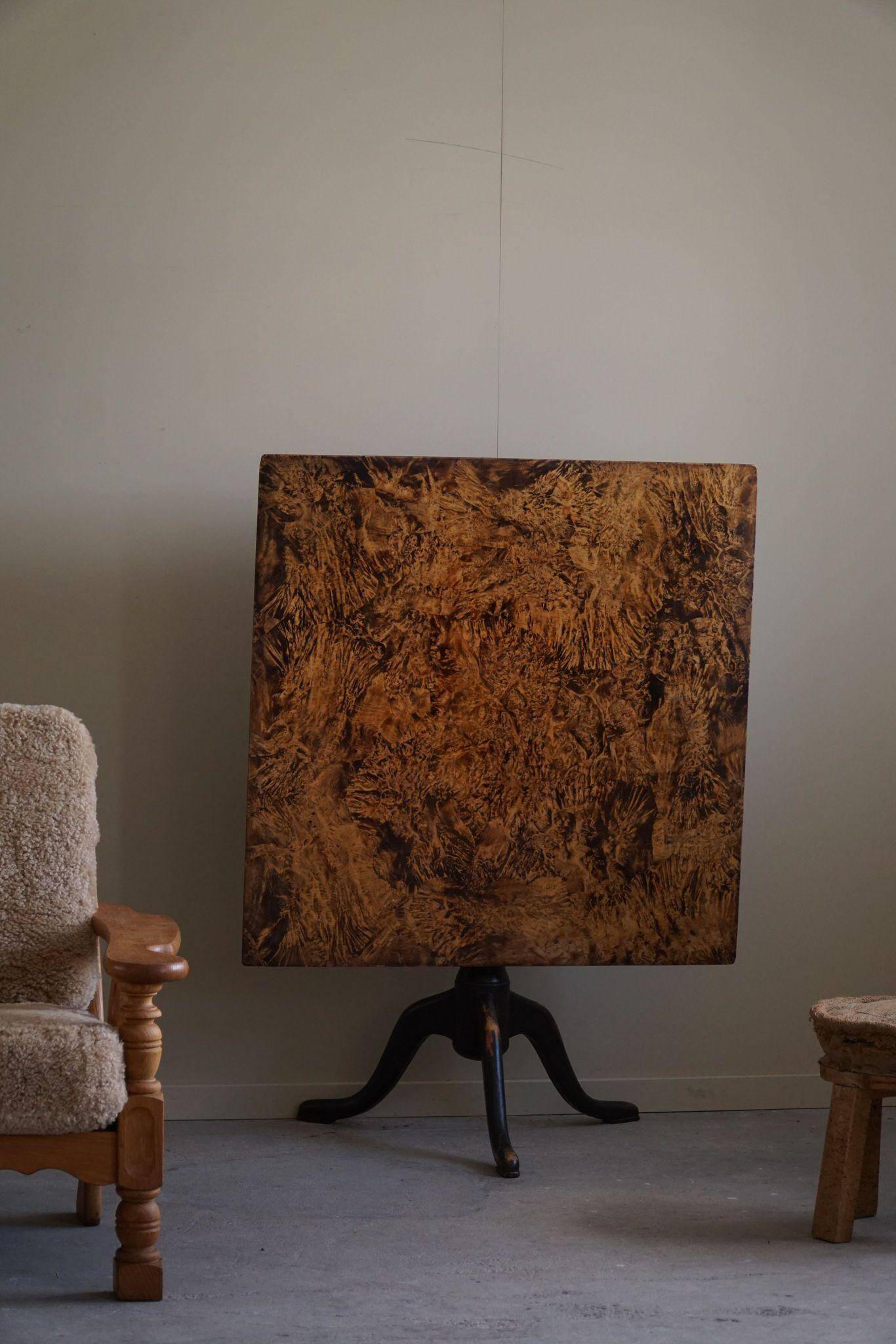 Antique square table with drop leaves made of burl wood, handcrafted in Sweden, 19th century.