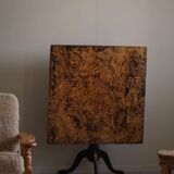 Antique square table with drop leaves made of burl wood, handcrafted in Sweden, 19th century.