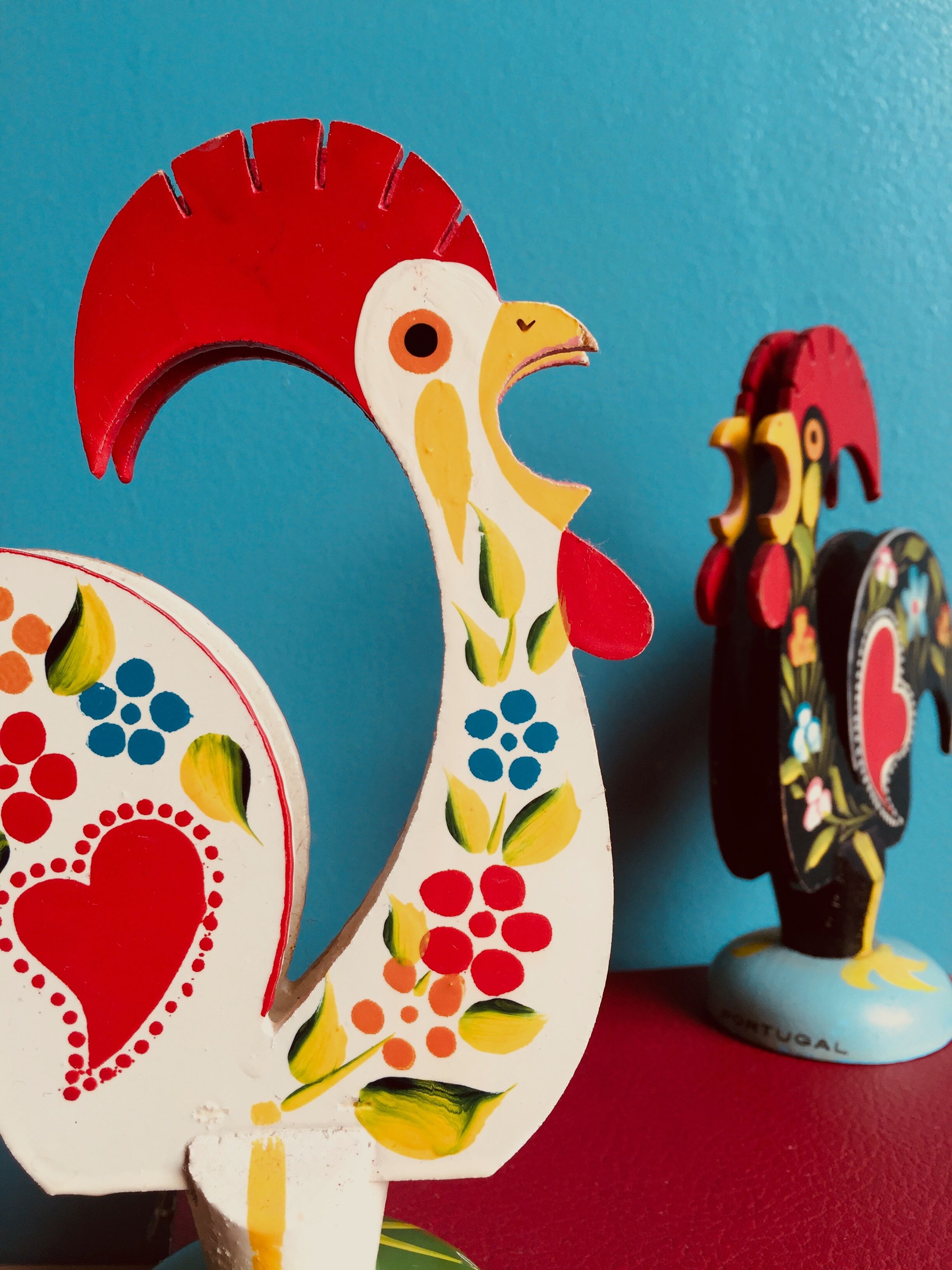 Retro wooden roosters vintage red green black and white Portugal