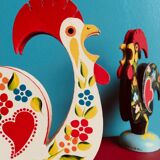 Retro wooden roosters vintage red green black and white Portugal