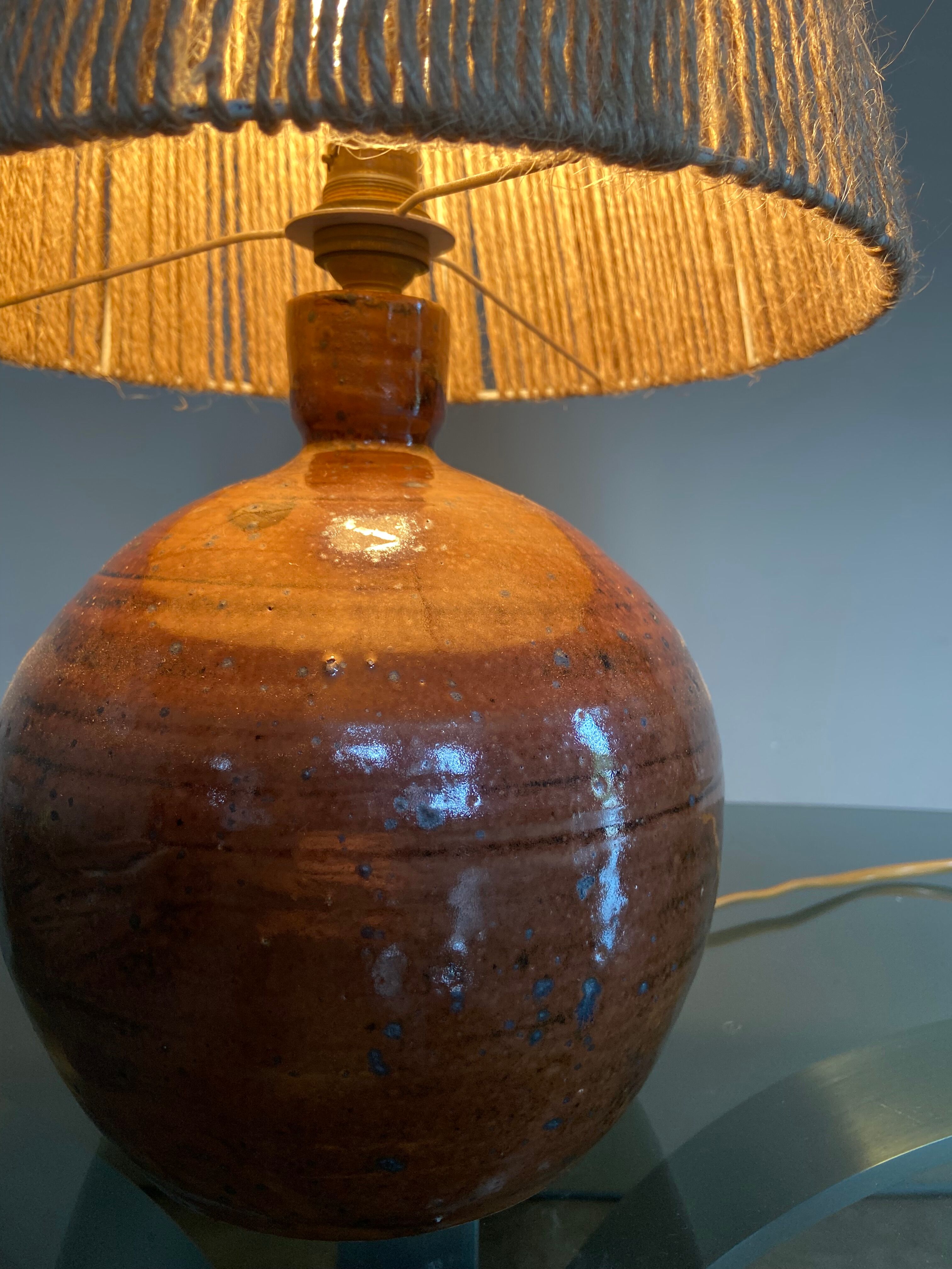 Vintage stoneware ball lamp and rope lampshade
