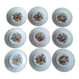 Set of 9 dessert plates fruit décor