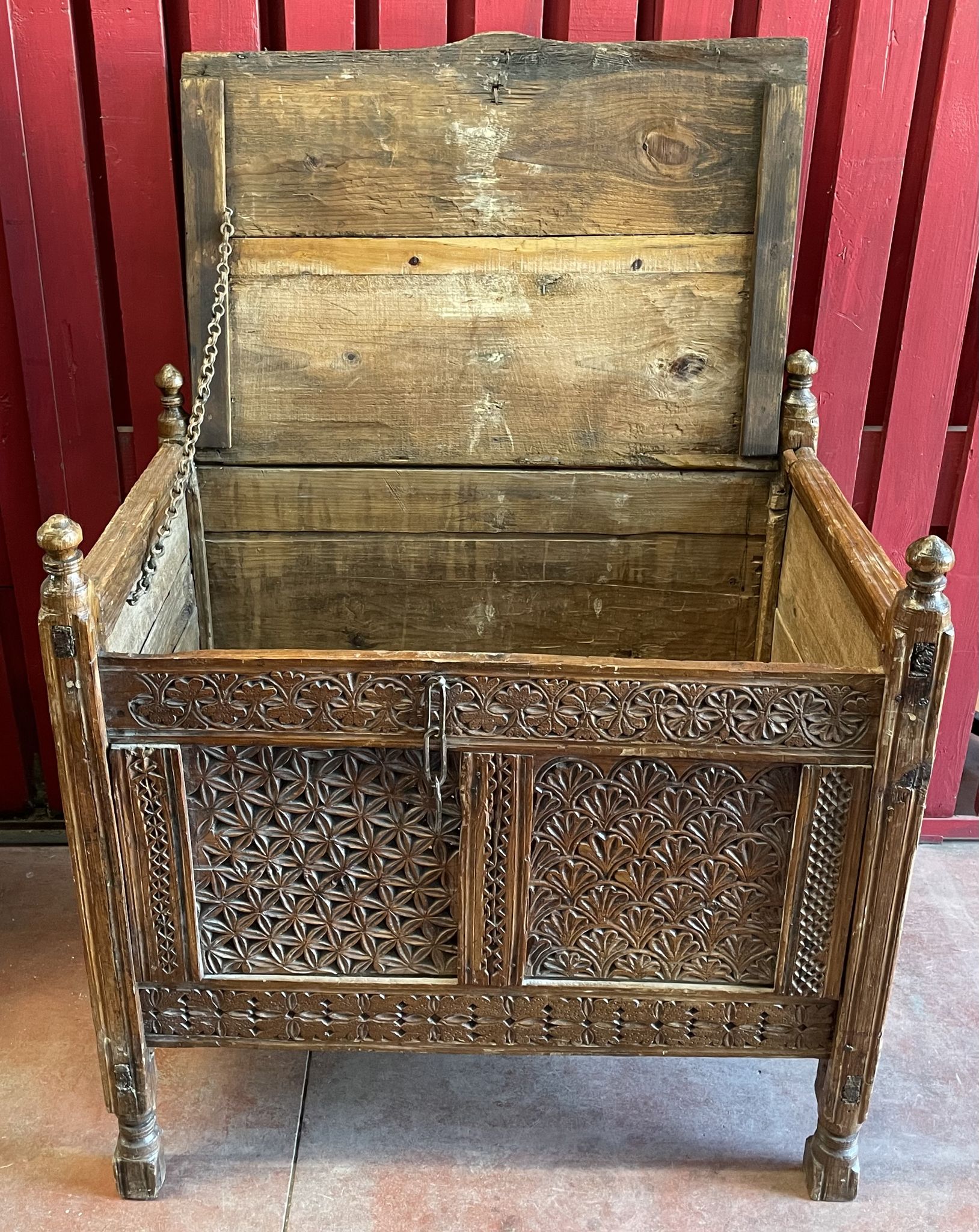 Afghanistan XIXth century wedding chest entirely hand-carved with floral decorations.
