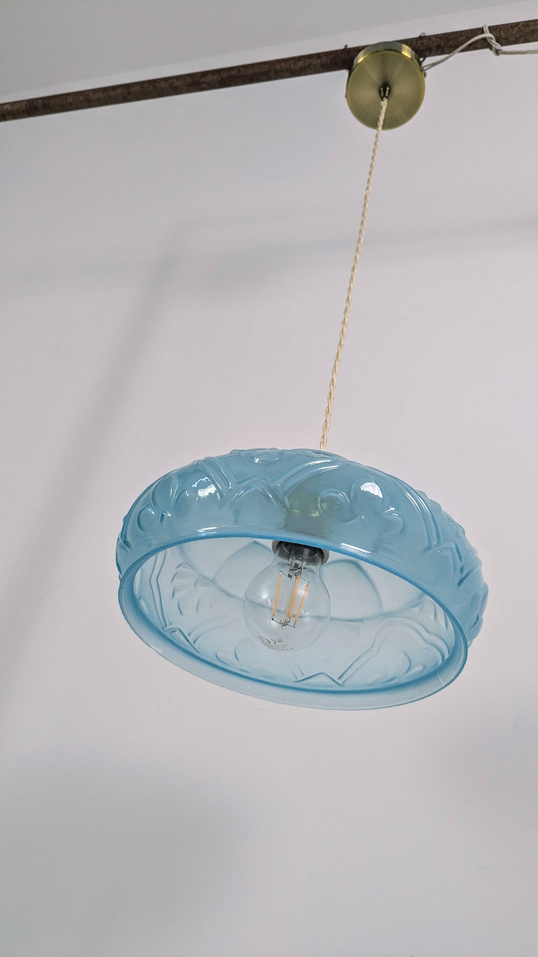 Art Deco pendant light in blue glass and brass
