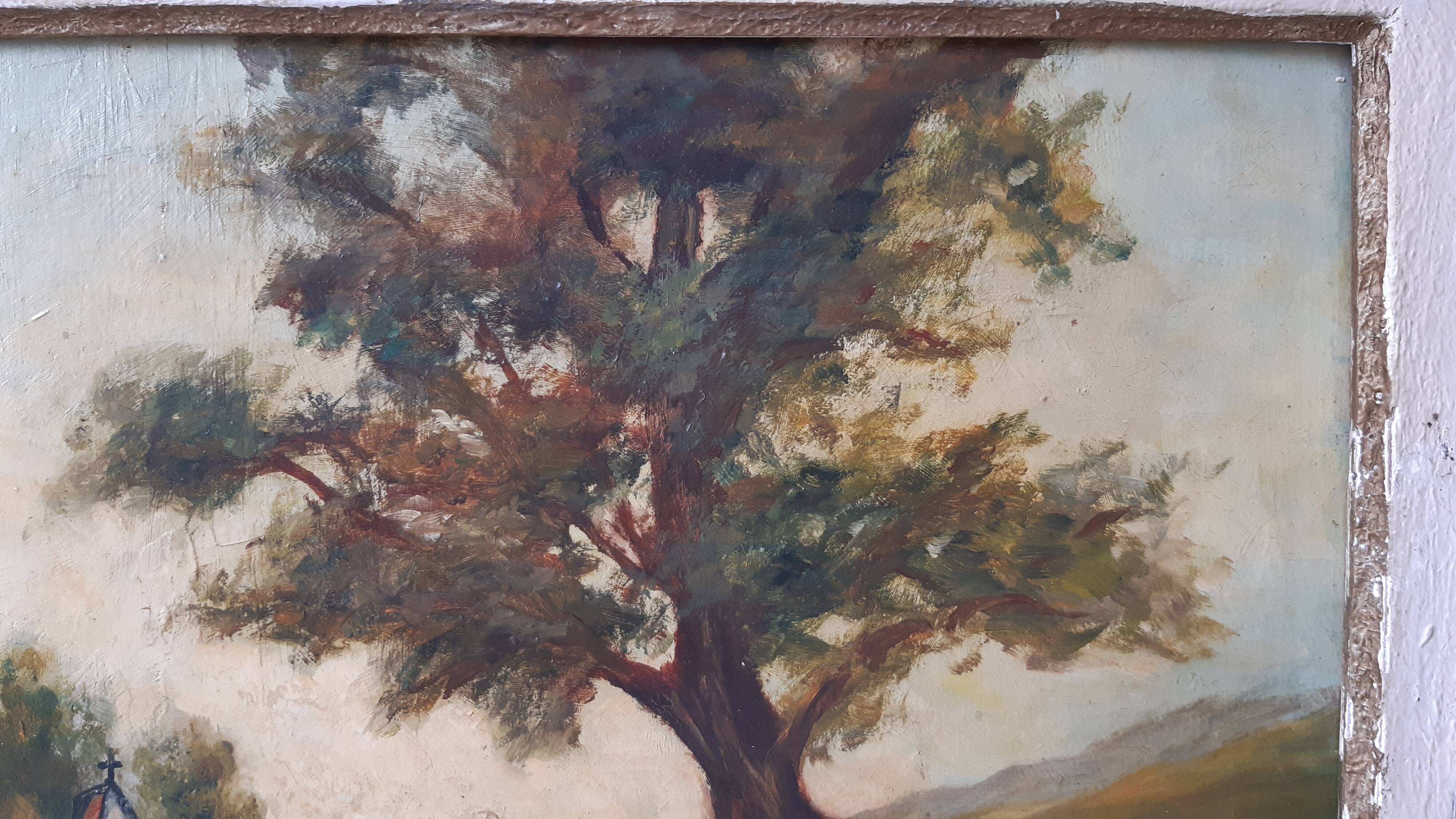 Oil painting on cardboard framed vintage landscape