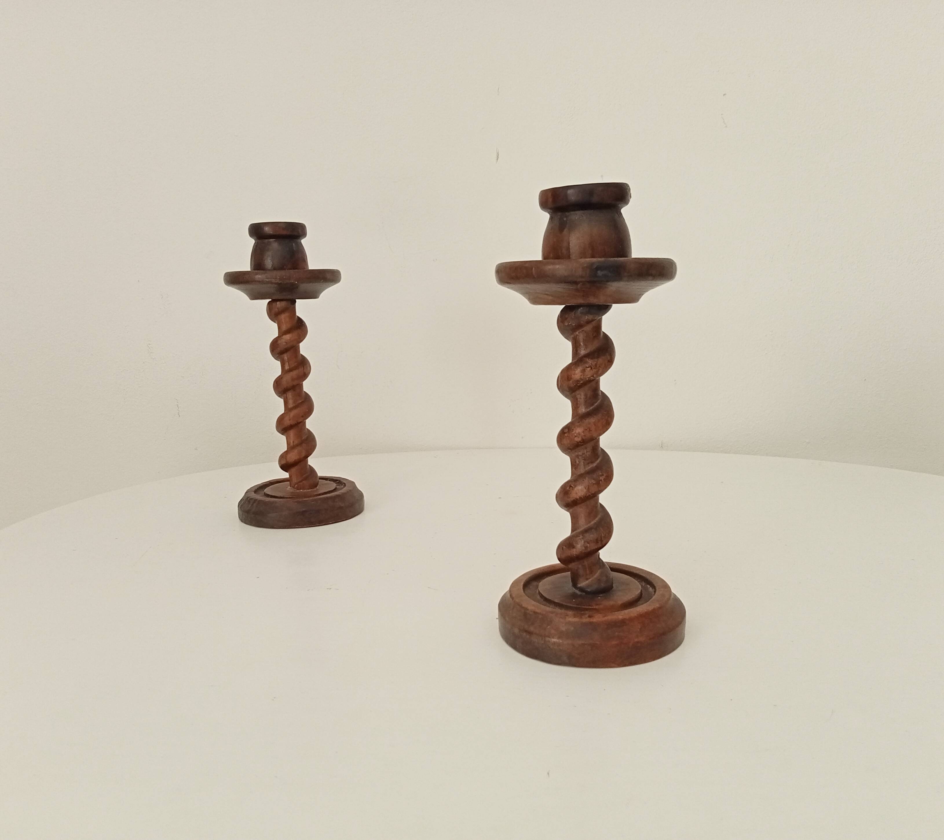 Vintage folk art turned wood candle holder