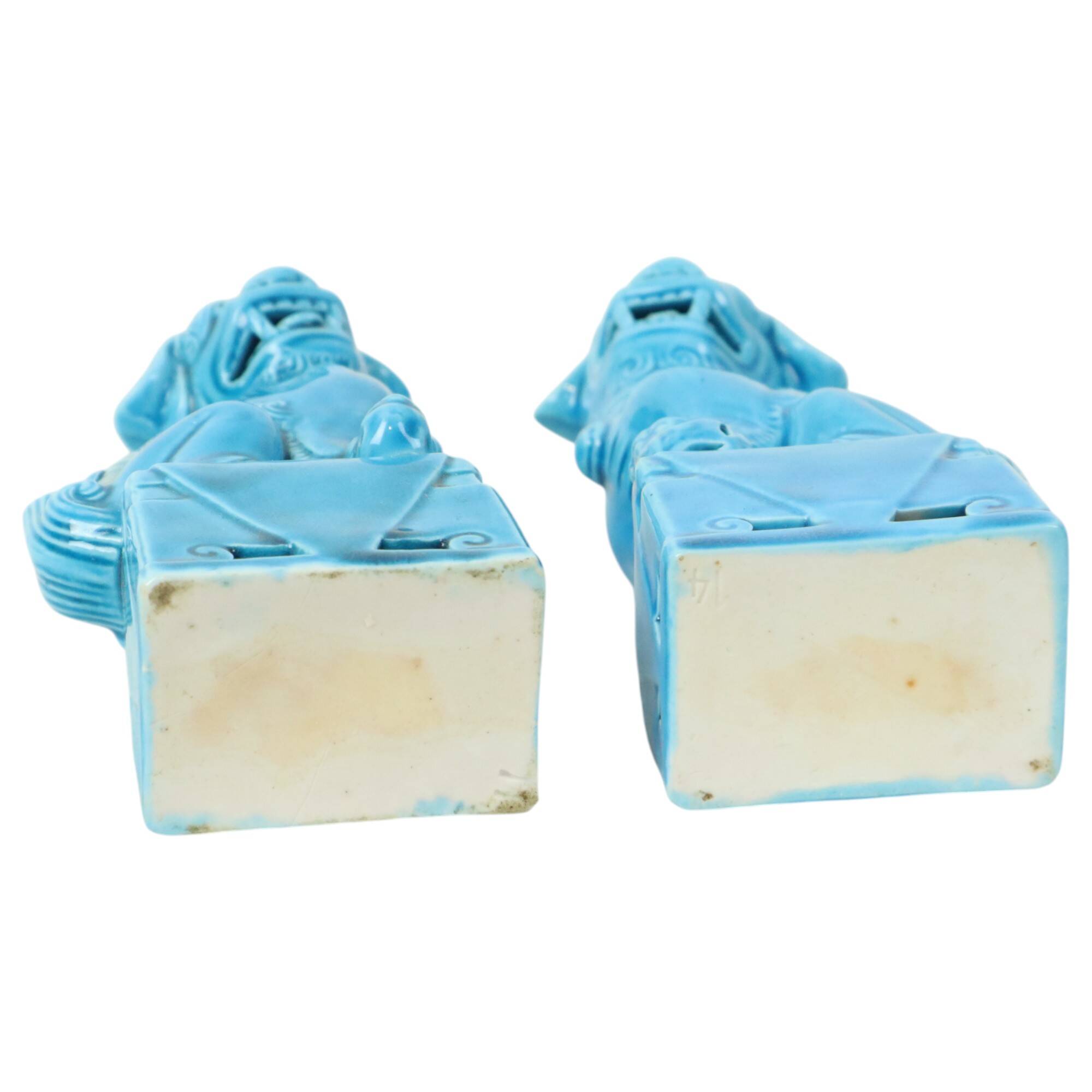 Pair of Blue Glazed Foo Dog Temple Lion Figurines 16cm