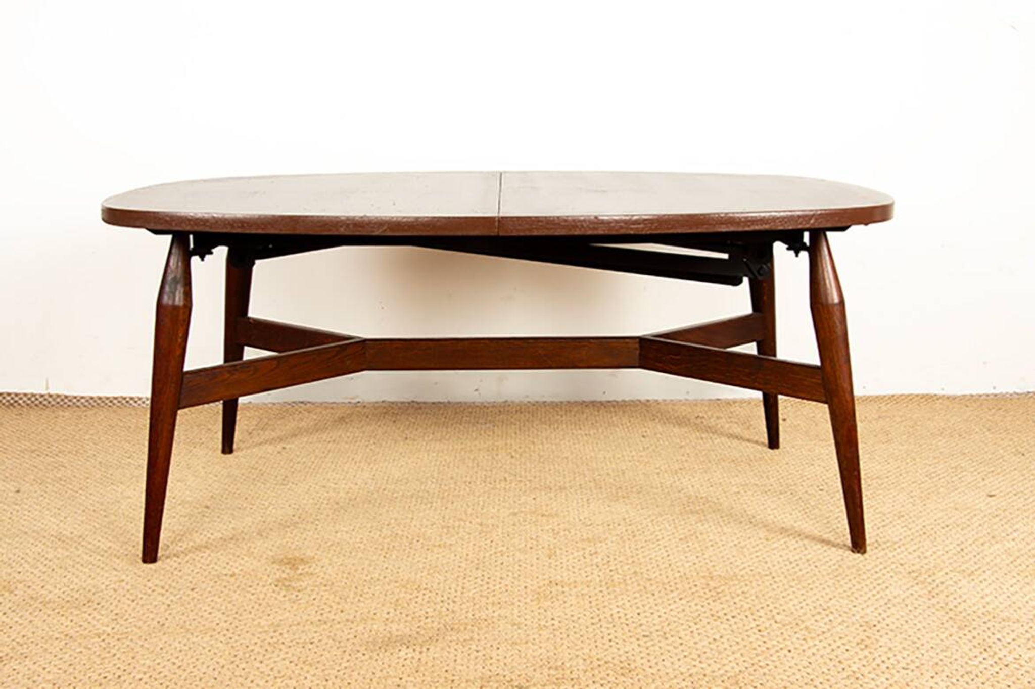Danish high and low table in teak and brown lacquered wood, Smørrebrø model