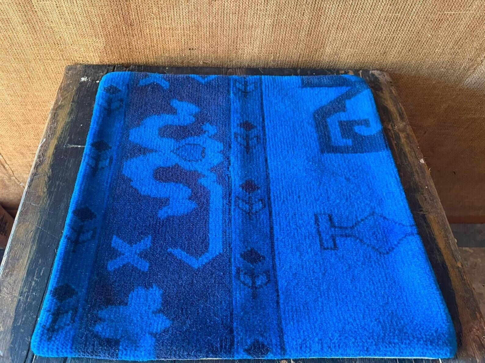 Electric Blue Vintage Turkish Rug Pillow, Hand-Stitched Wool Cushion