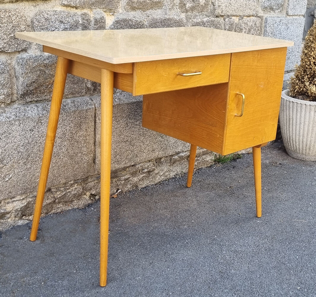 Wood and formica desk, compass feet, vintage, 70s