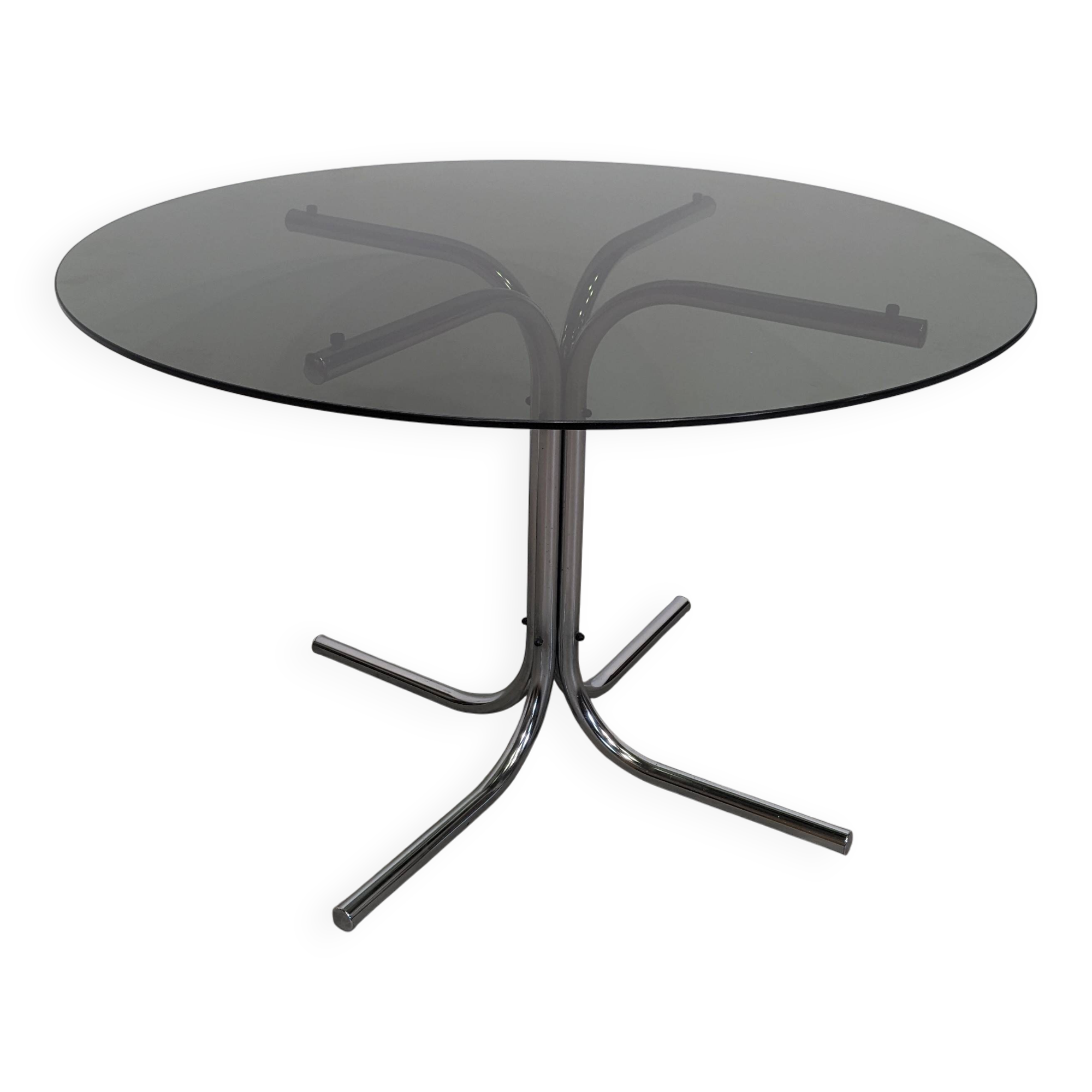 70s round table with smoked glass and chrome