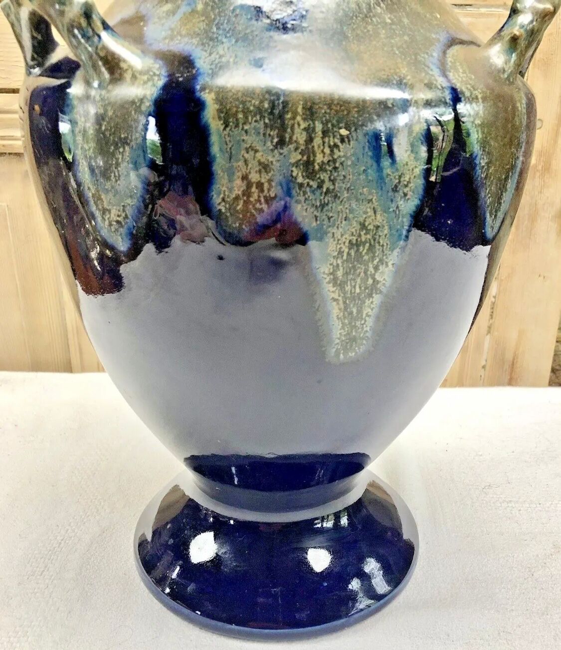 Old large sandstone vase signed Maure Lebret de Ligers Puisaye triple handles