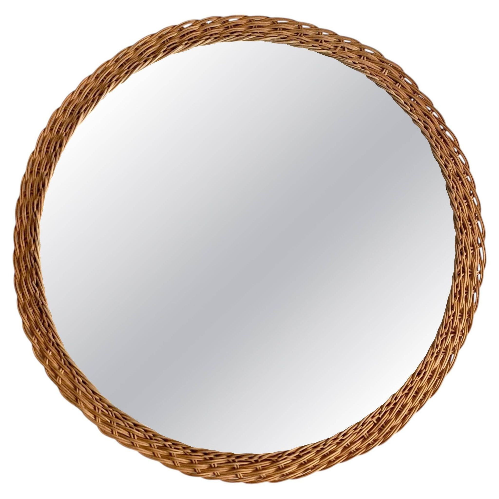 Rustic French Provence Wicker Round Mirror, Mid-Century, Handmade, France
