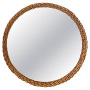 Rustic French Provence Wicker Round Mirror, Mid-Century, Handmade, France