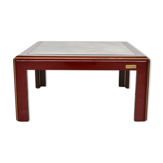 Table basse laquée italienne vintage avec plateau miroir et détails en laiton de Mario Sabot