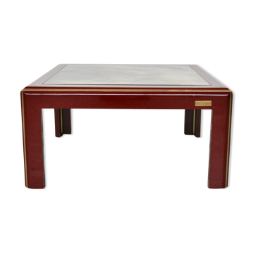 Table basse laquée italienne vintage avec plateau miroir et détails en laiton de Mario Sabot