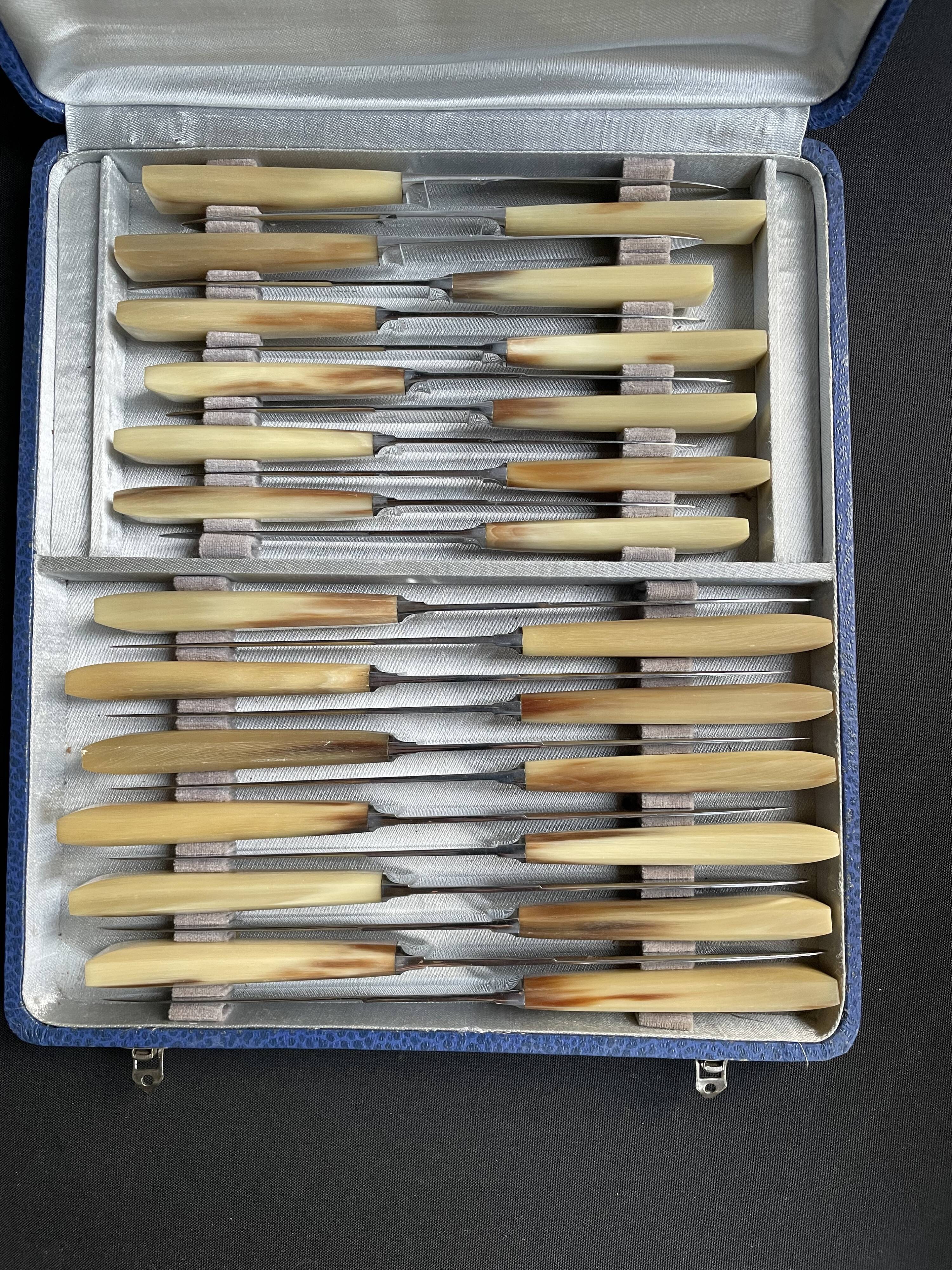 Coffret de 24 couteaux art déco lame inox et manche corne