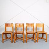 Set of 4 dining chairs elm wood cognac leather