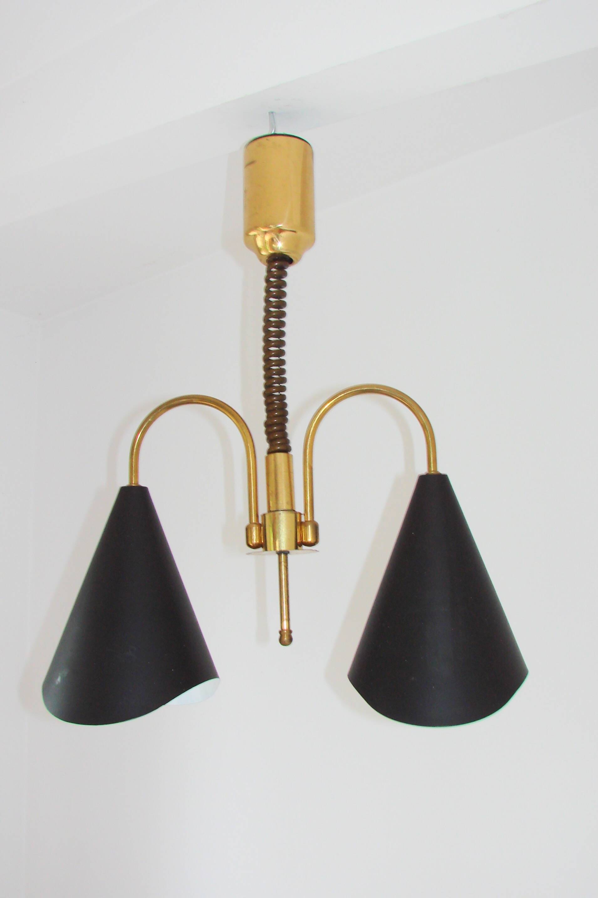 Mid-Century Modern pendant light, brass and metal, 1970s.