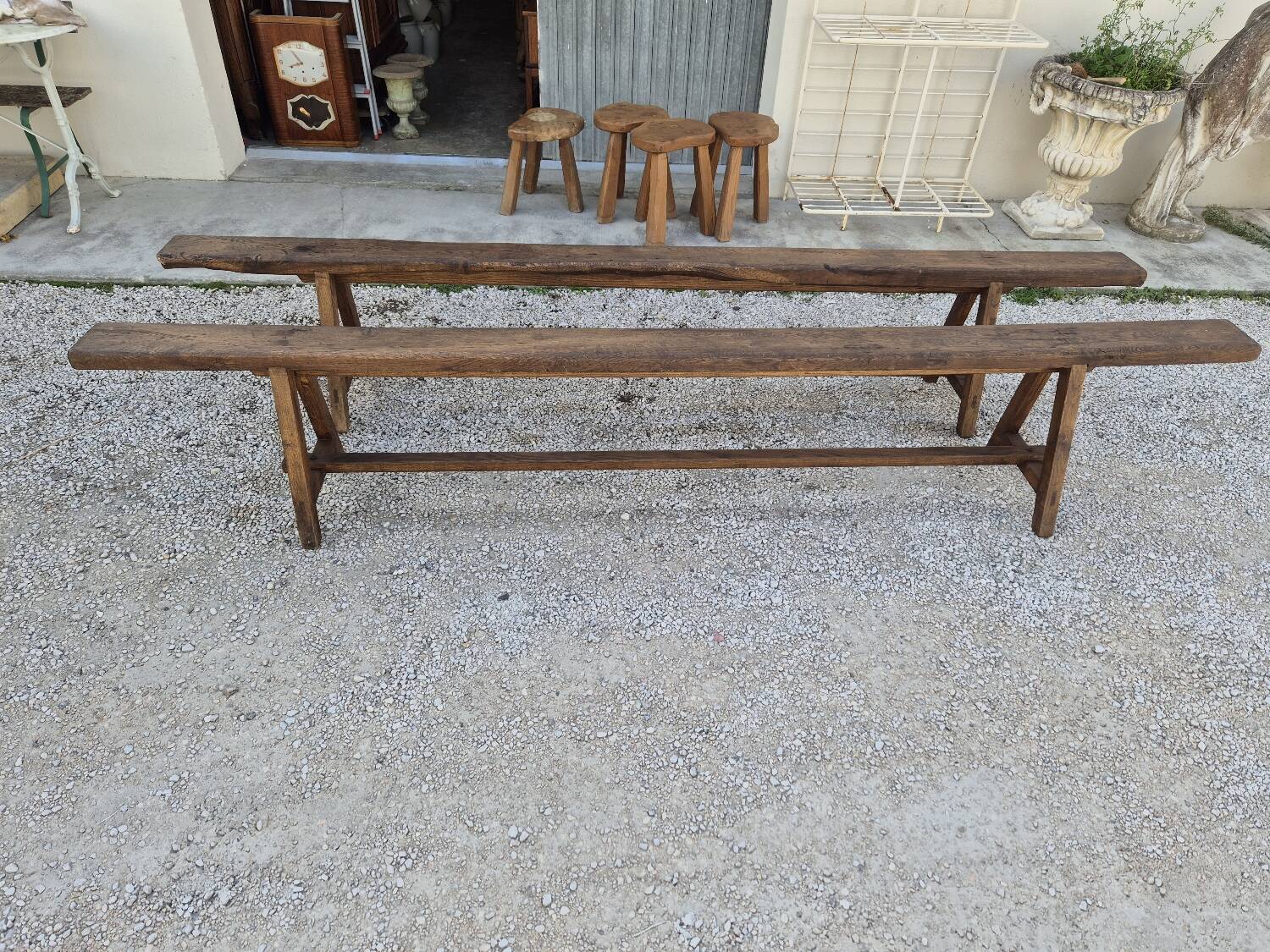 Pair of rustic solid oak farm benches 19th century - 2m90