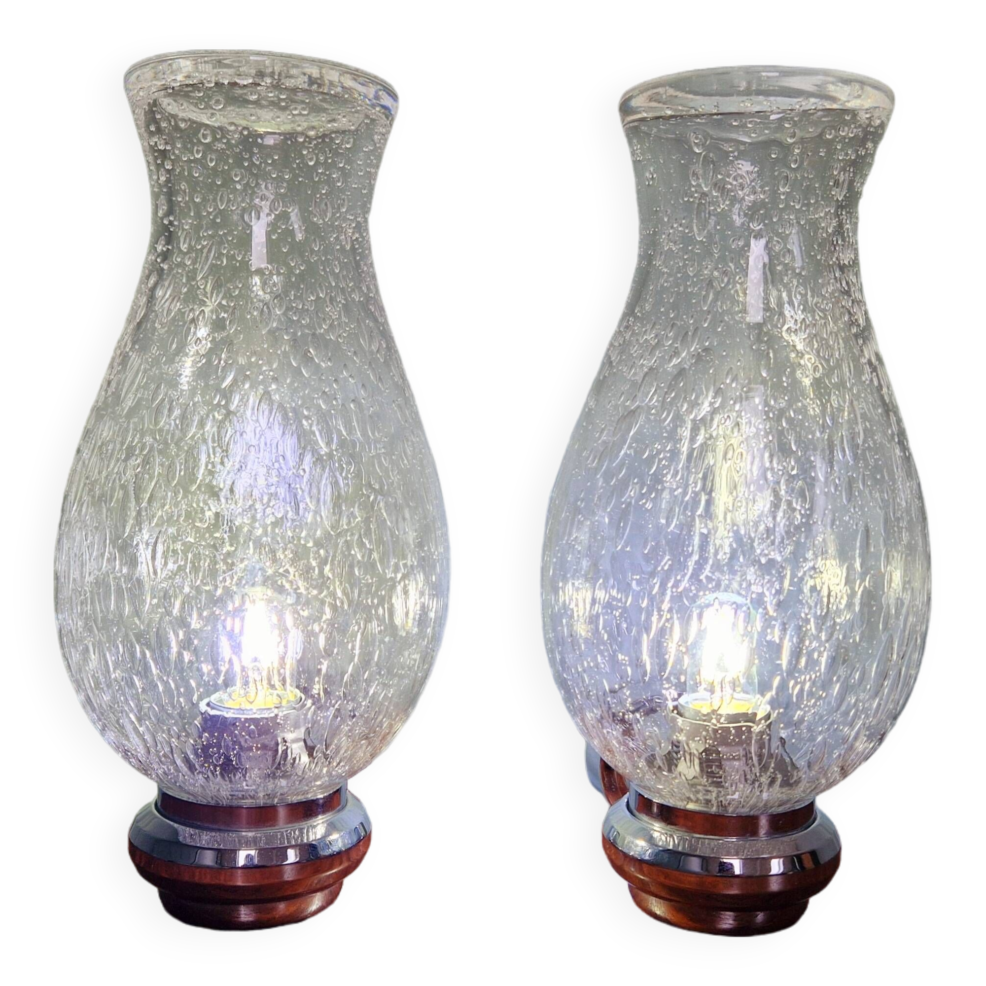 Pair of blown glass and chrome-plated metal wall lights, 1970s
