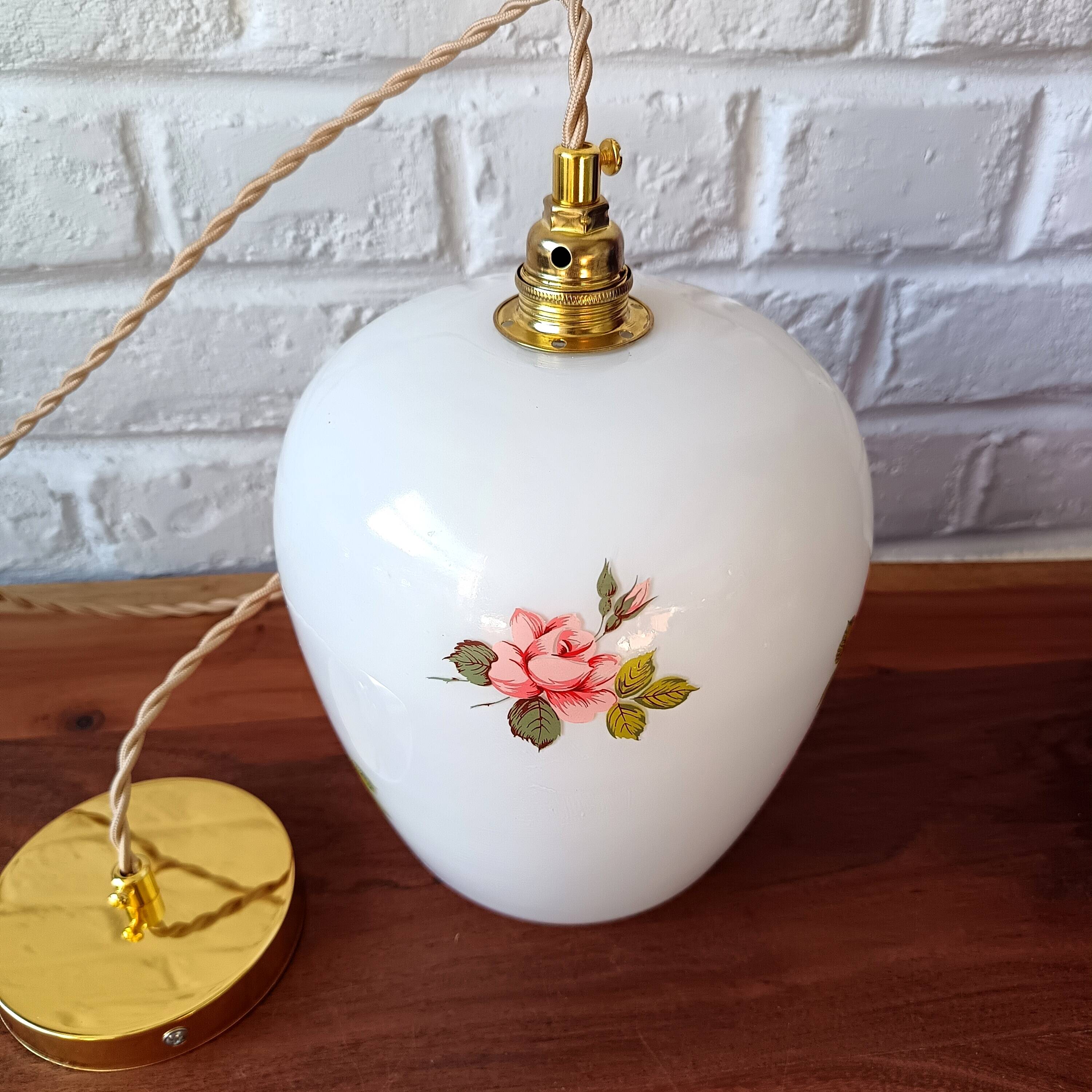 Vintage opaline glass pendant light, pink and white floral pattern, 1960s