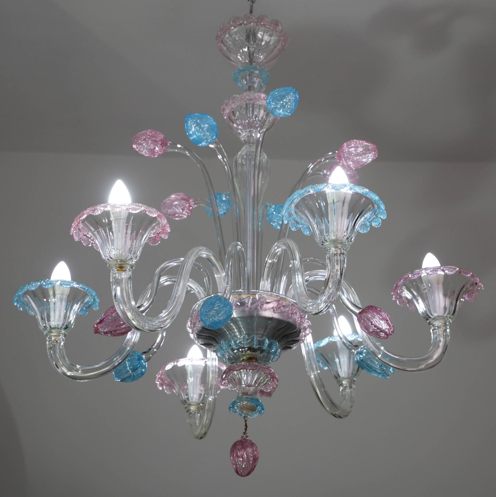 "Amsterdam" Large Size Vintage Pink and Blue Tulip Murano Glas Chandelier,