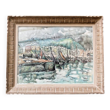 Aquarelle, port de Honfleur, par Bernard Loriot (1925-1998)