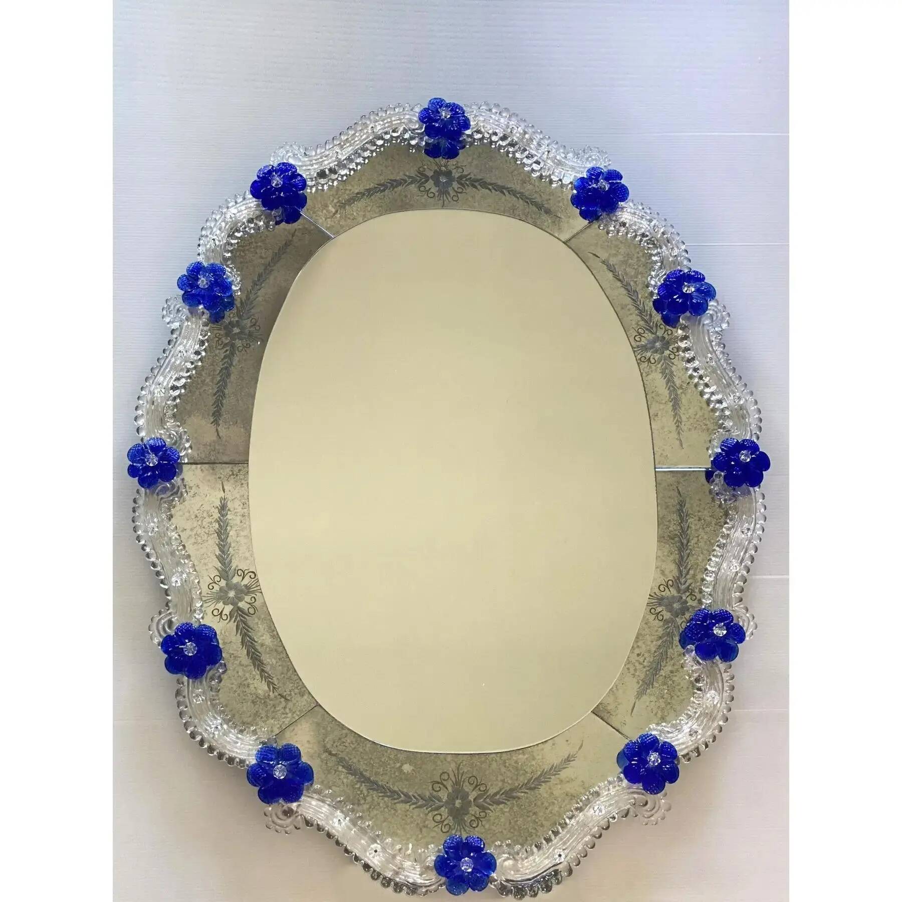 Hand-Carved Venetian Oval Mirror in Murano Glass Style, Early 21st Century