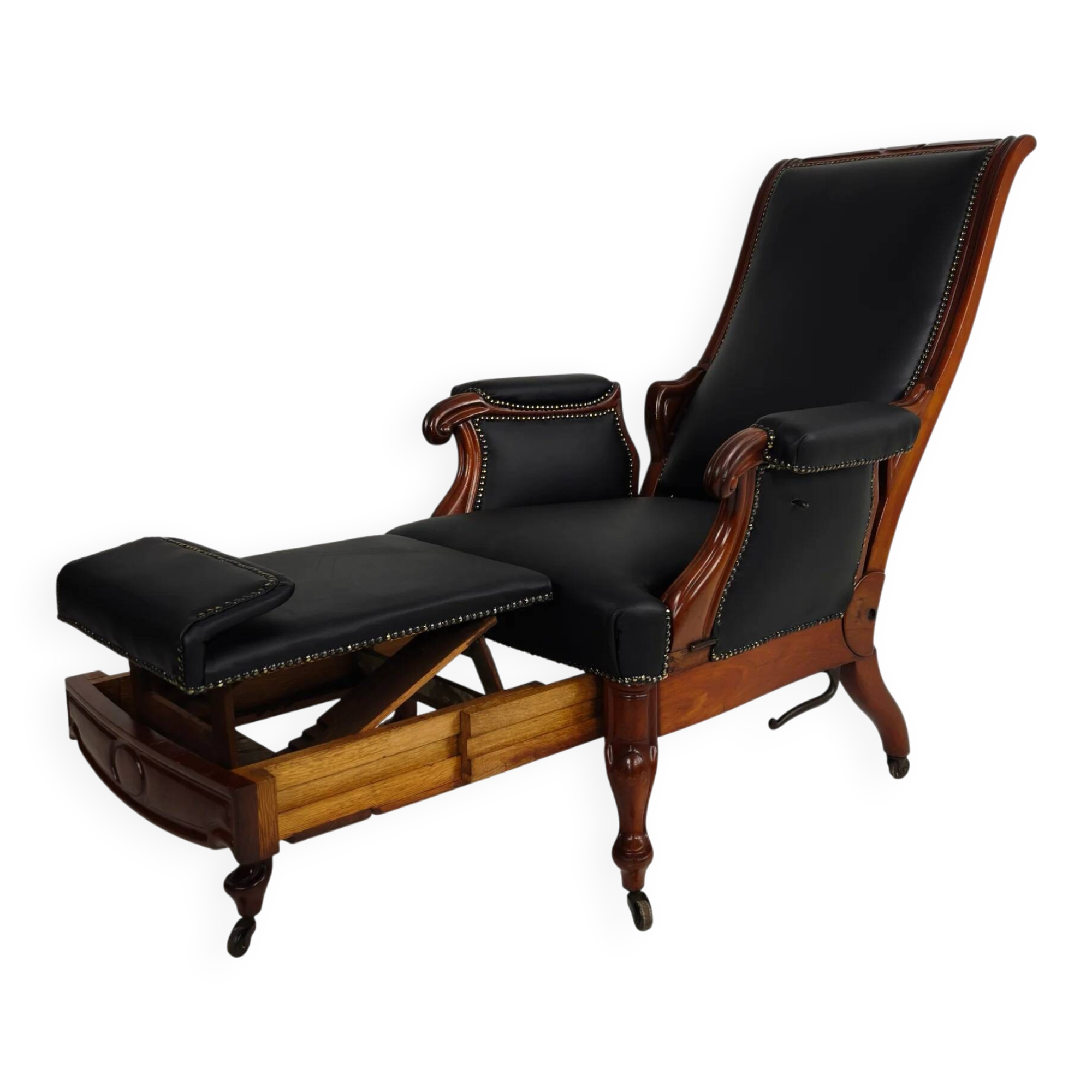 Fauteuil de bibliothèque ancien du XIXe siècle par Horrix – cuir noir