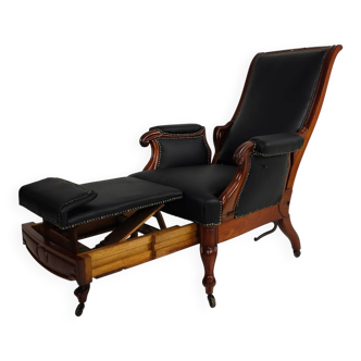 Fauteuil de bibliothèque ancien du XIXe siècle par Horrix – cuir noir