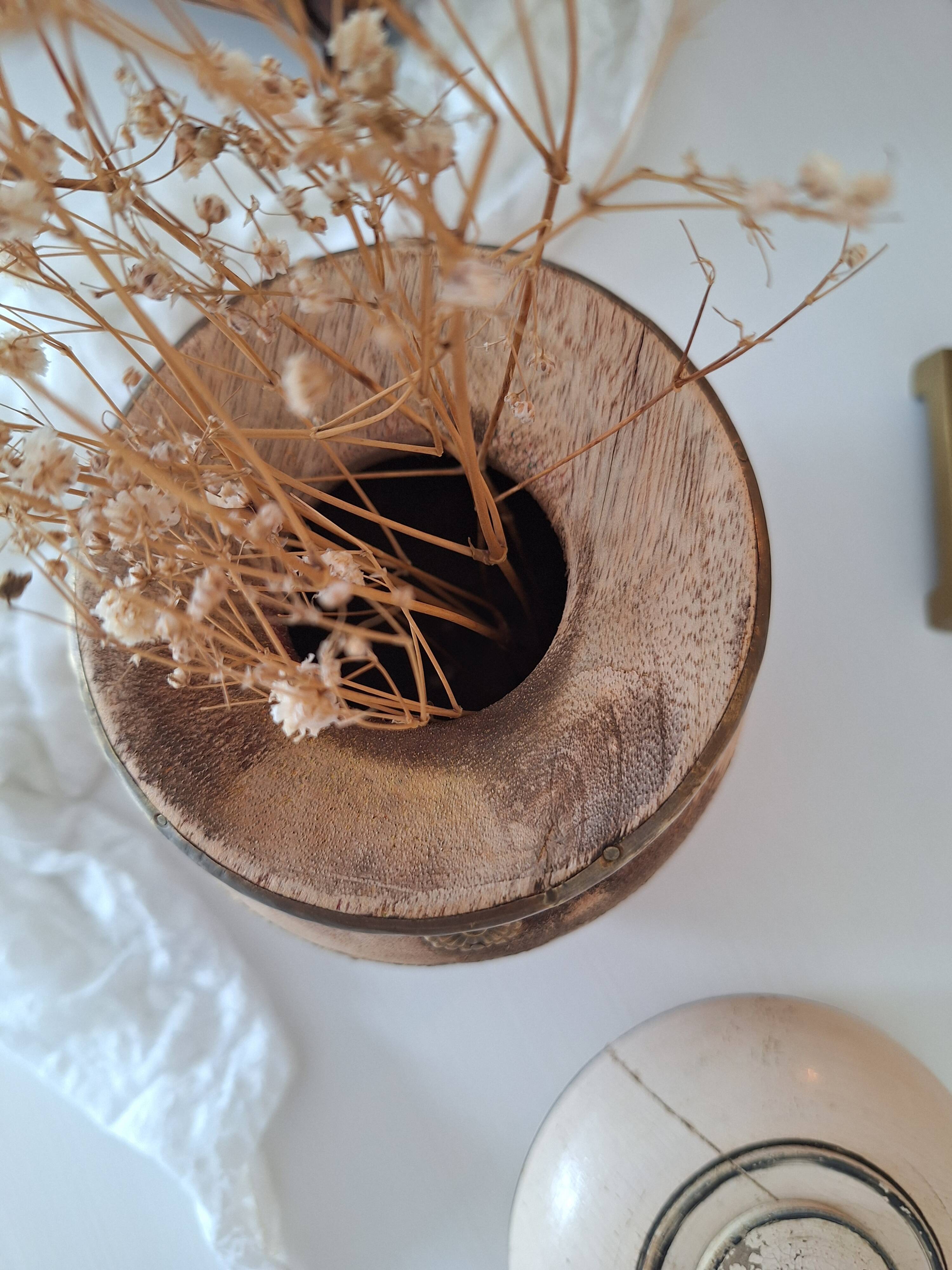 Wooden and brass vase