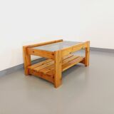 Vintage coffee table in pine and smoked glass from the 70s 80s