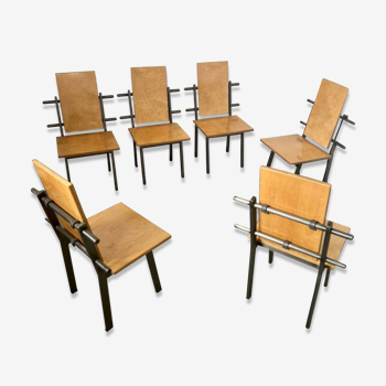 Lot 6 Chaises brutaliste postmoderne design italien années 80 bois et acier brut vintage