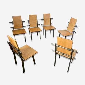 Lot 6 postmodern brutalist chairs Italian design 80s wood and vintage raw steel