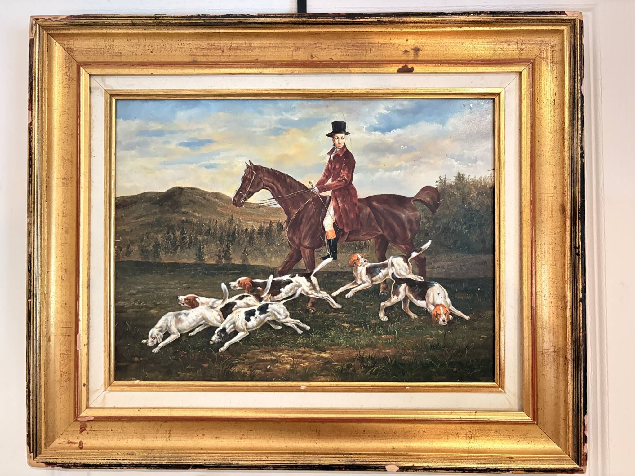 Oil Painting on Wood Panel with Golden Frame, English Hunting Dog