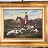 Oil Painting on Wood Panel with Golden Frame, English Hunting Dog