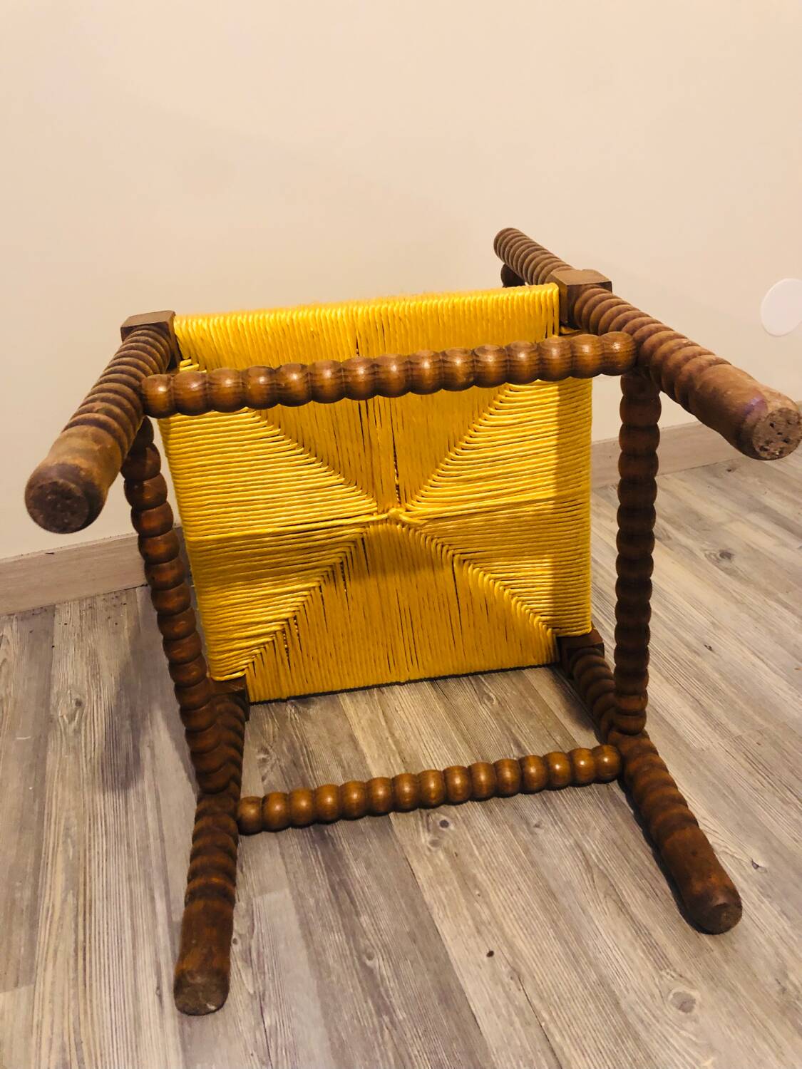 Vintage Art Deco corner chair in bobbin oak and straw, 1930s